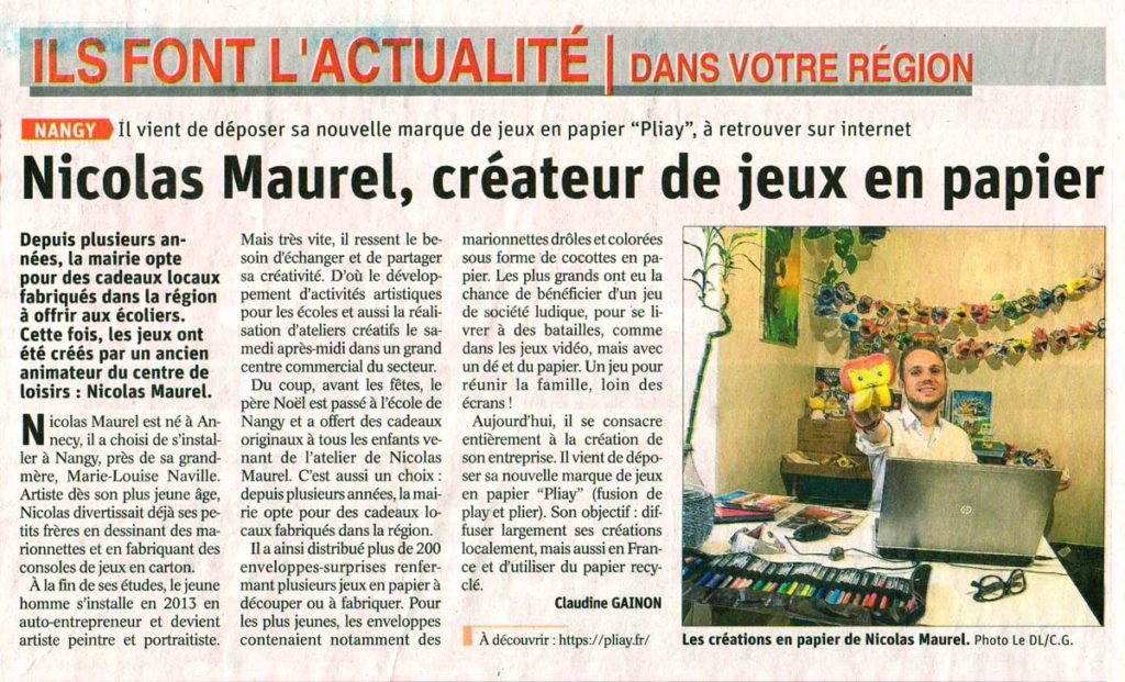 Article journal Dauphiné - Pliay Nicolas Maurel créateur de jeux en papier